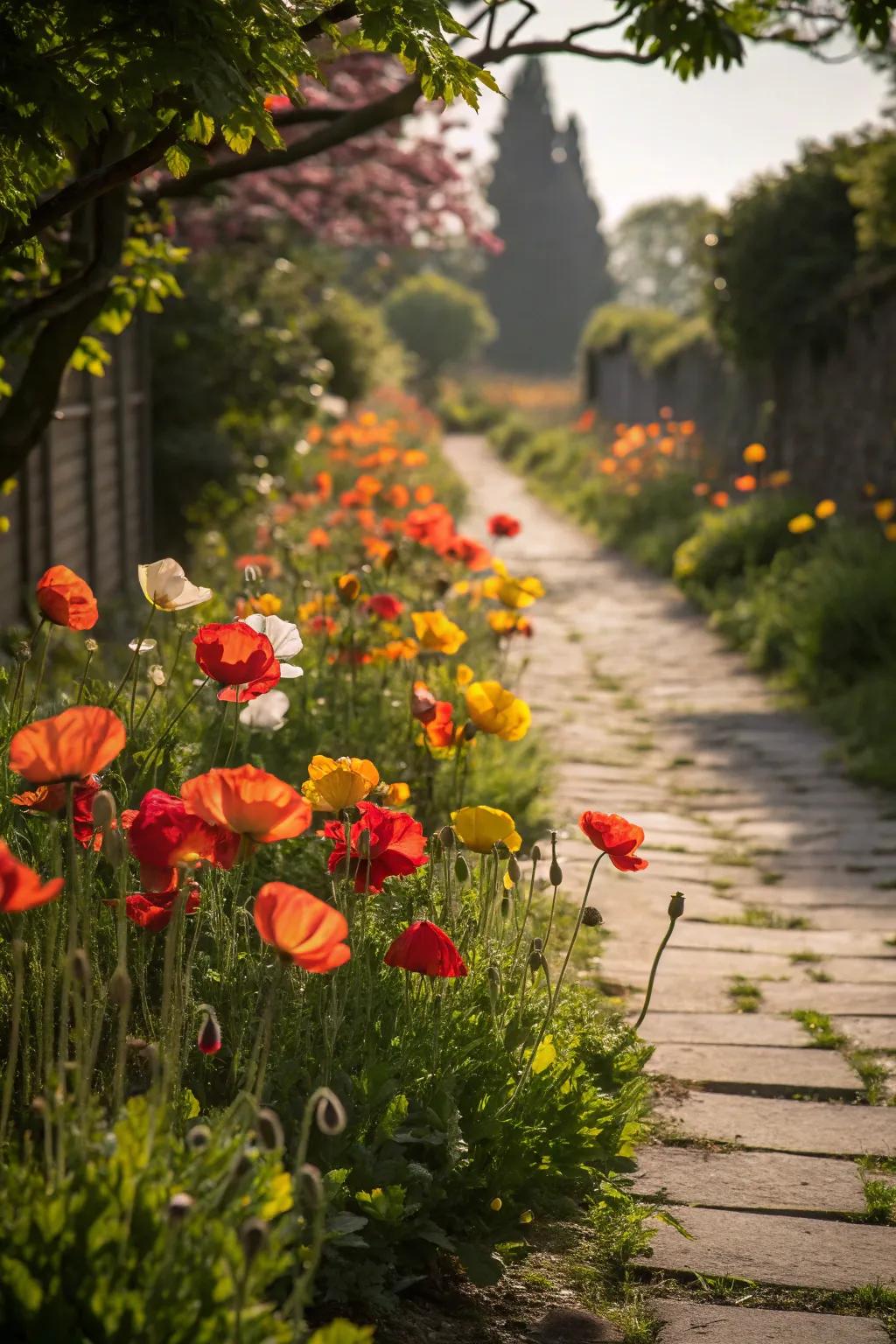 A picturesque garden path bordered by vibrant poppies.