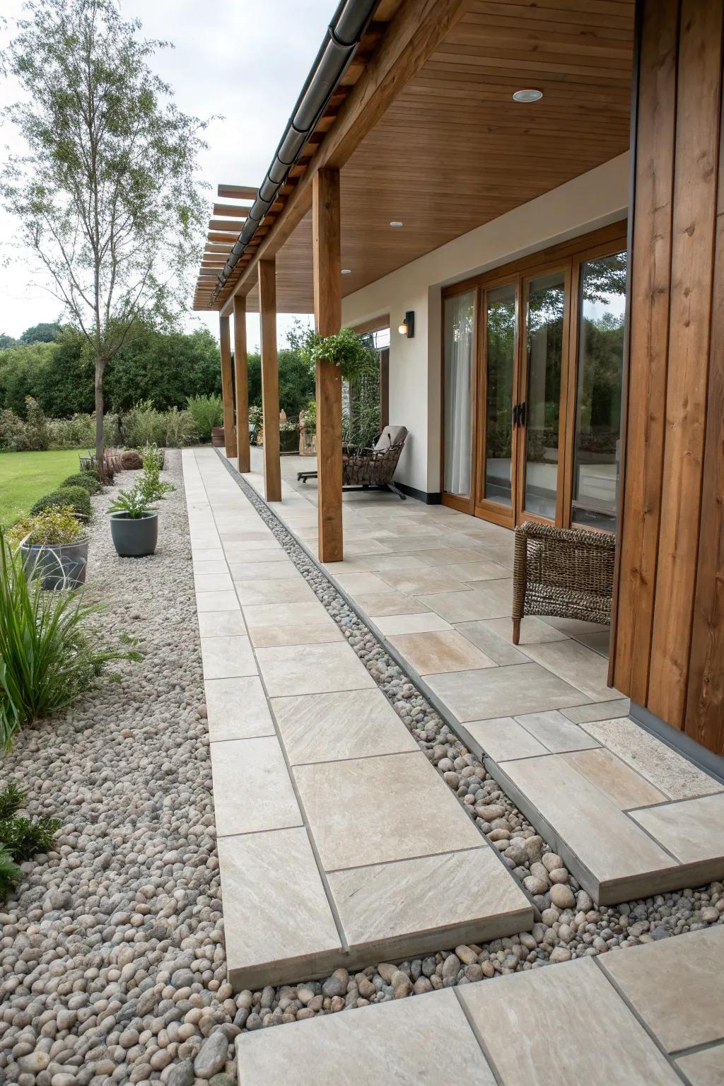 A textured patio design blending porcelain, wood, and gravel.