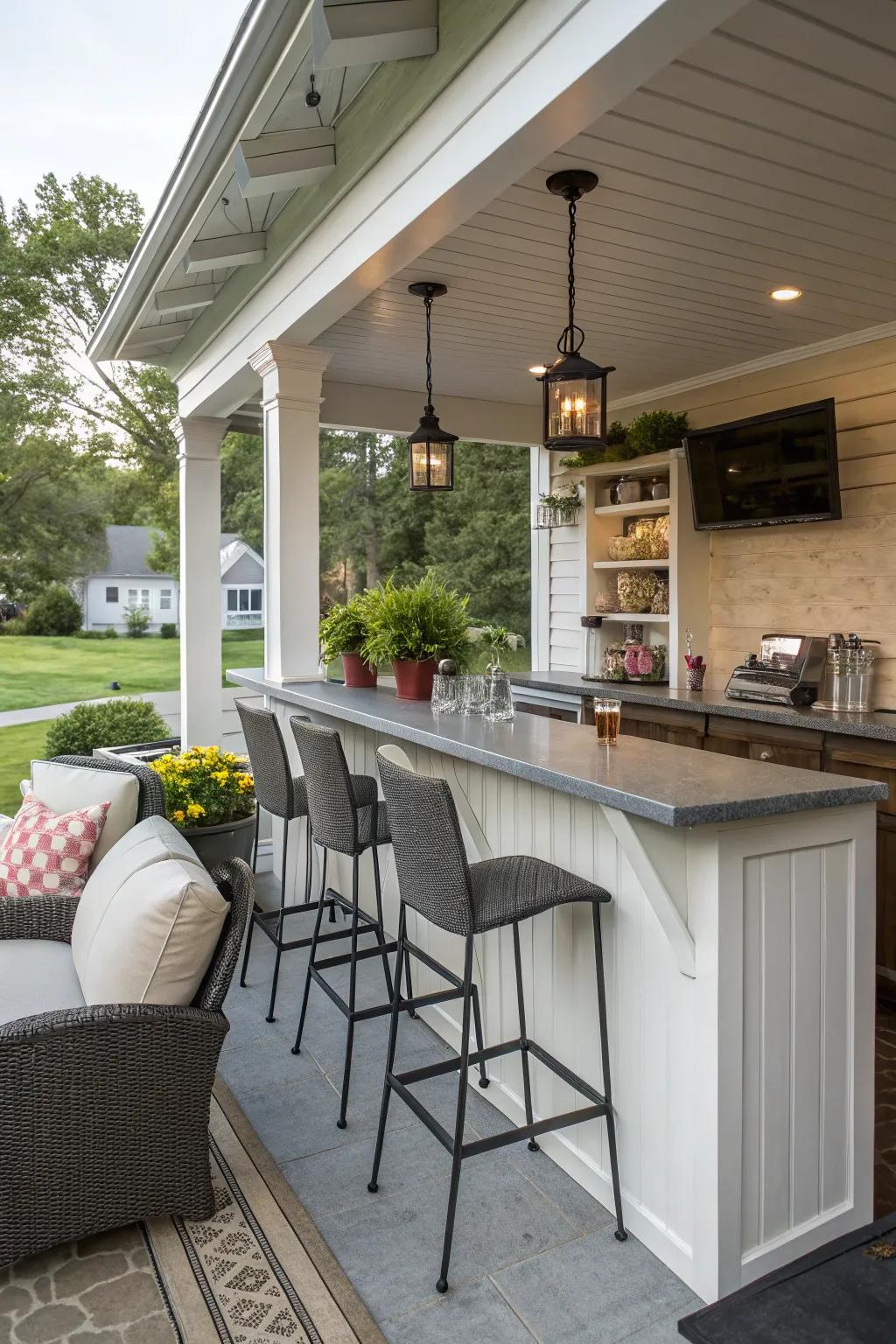 A compact corner bar makes efficient use of limited porch space.