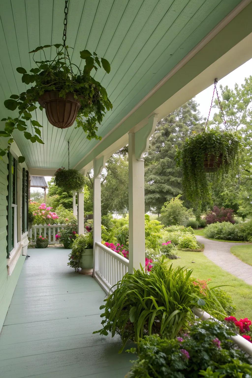 Soft green ceilings bring a fresh, natural vibe to your porch.