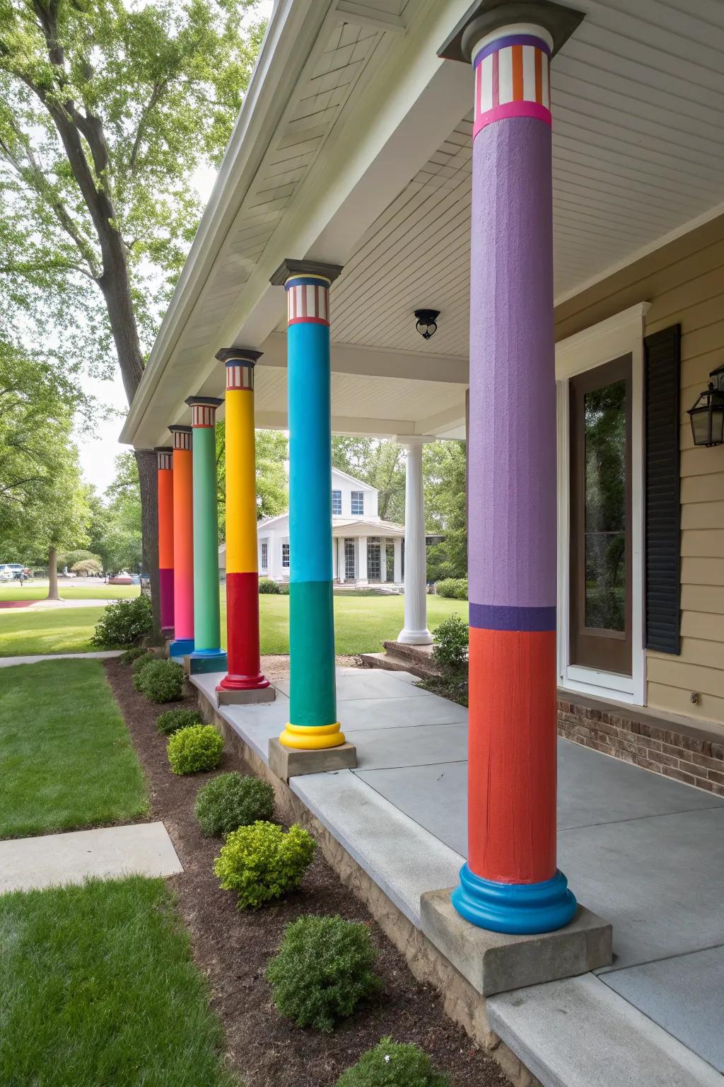 Painted wraps on porch columns add a splash of color and personality.