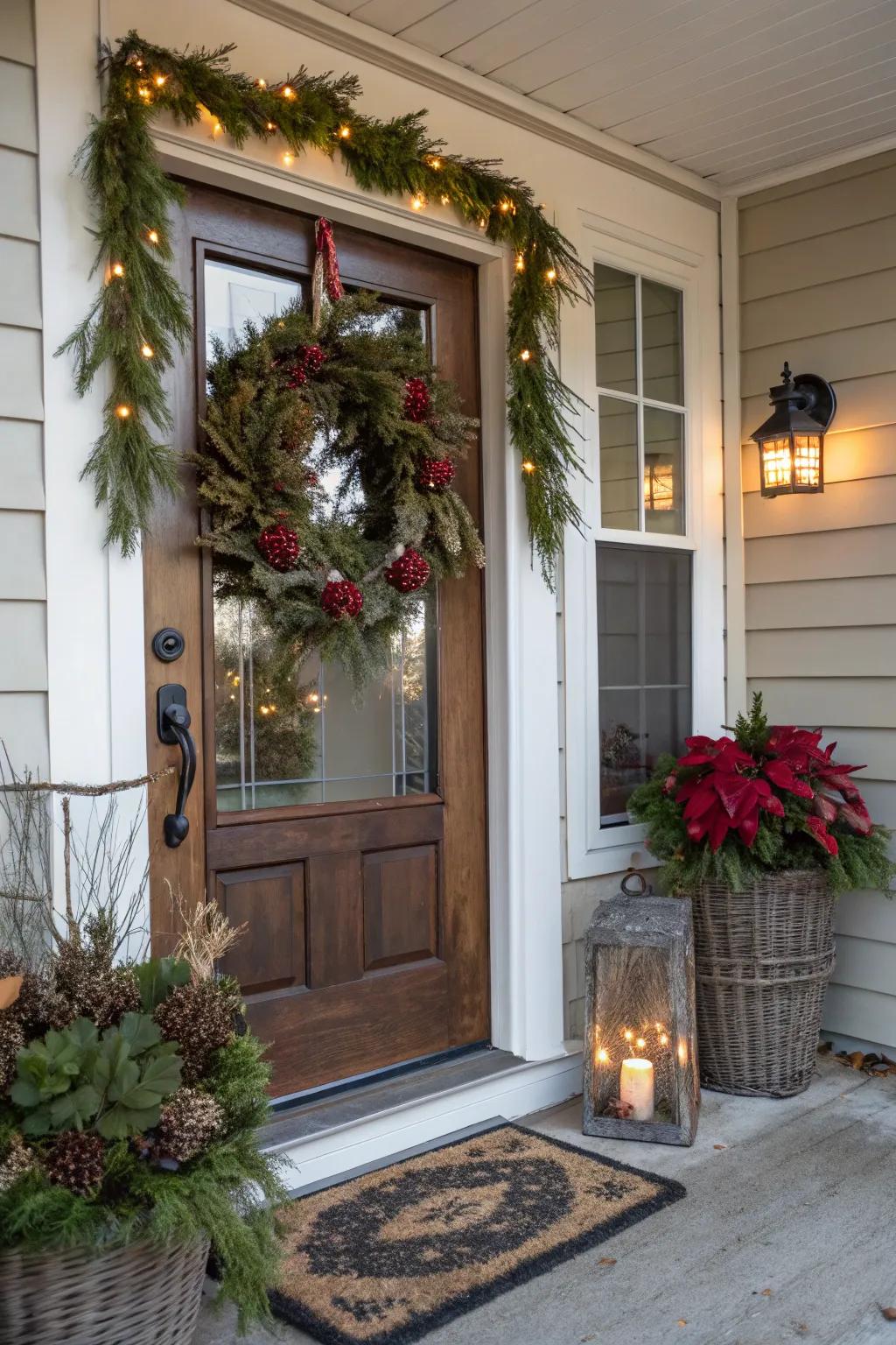 A porch door beautifully decorated with a seasonal wreath and charming accents.