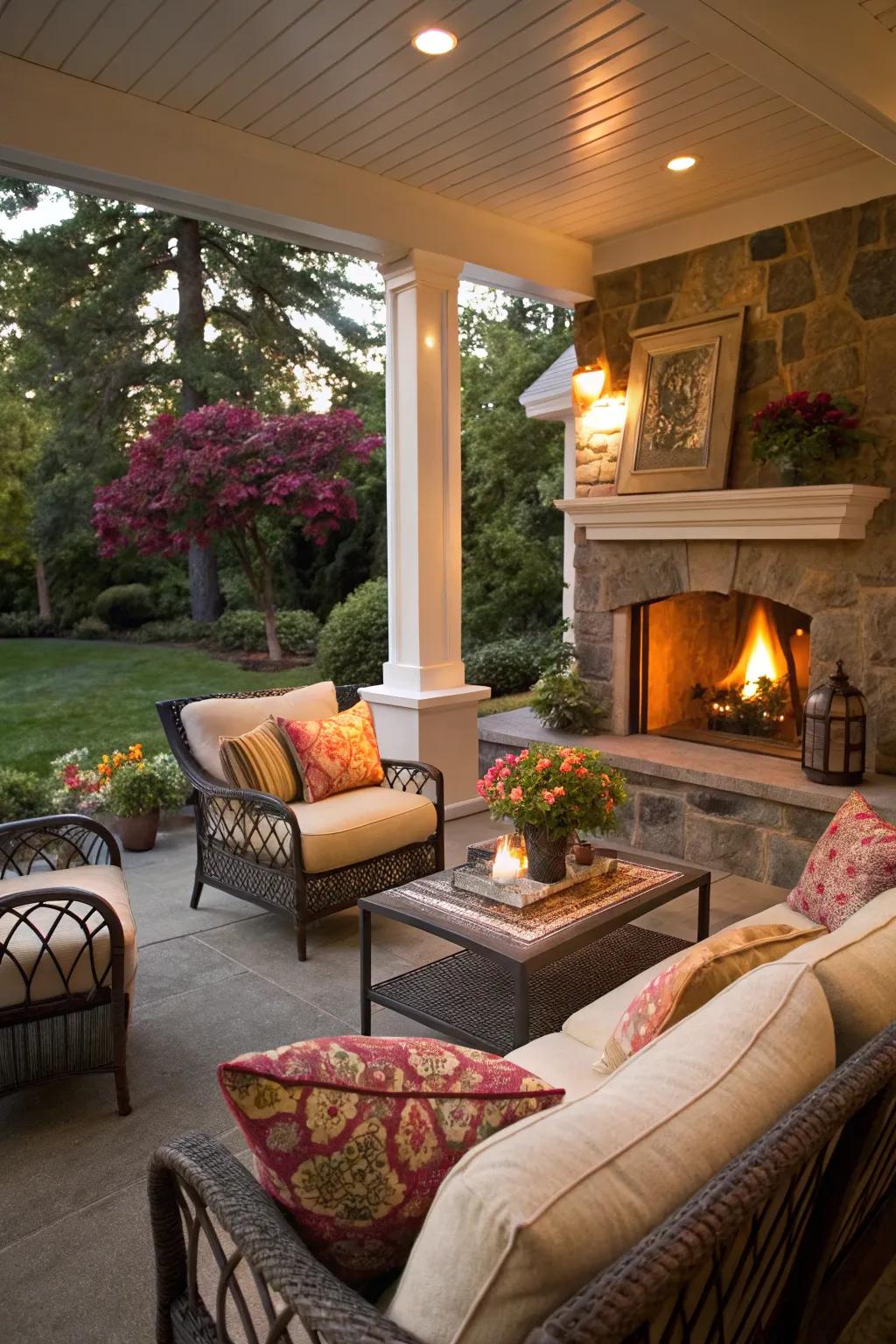 Create an inviting outdoor living room with a central fireplace.