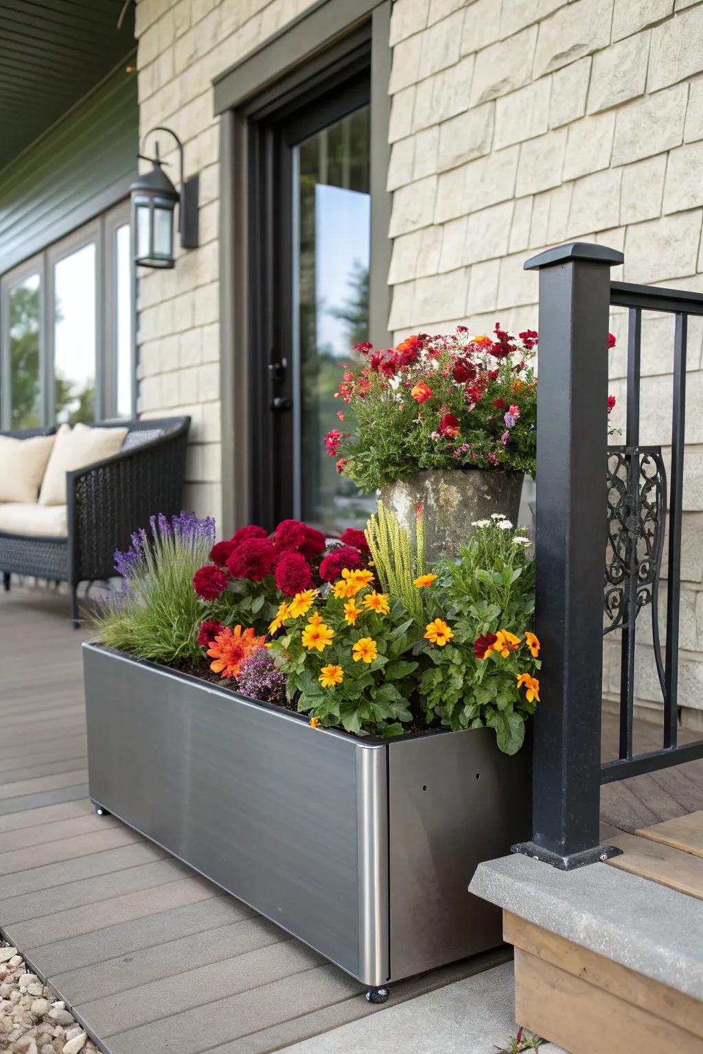 Metal flower boxes bring a modern touch.