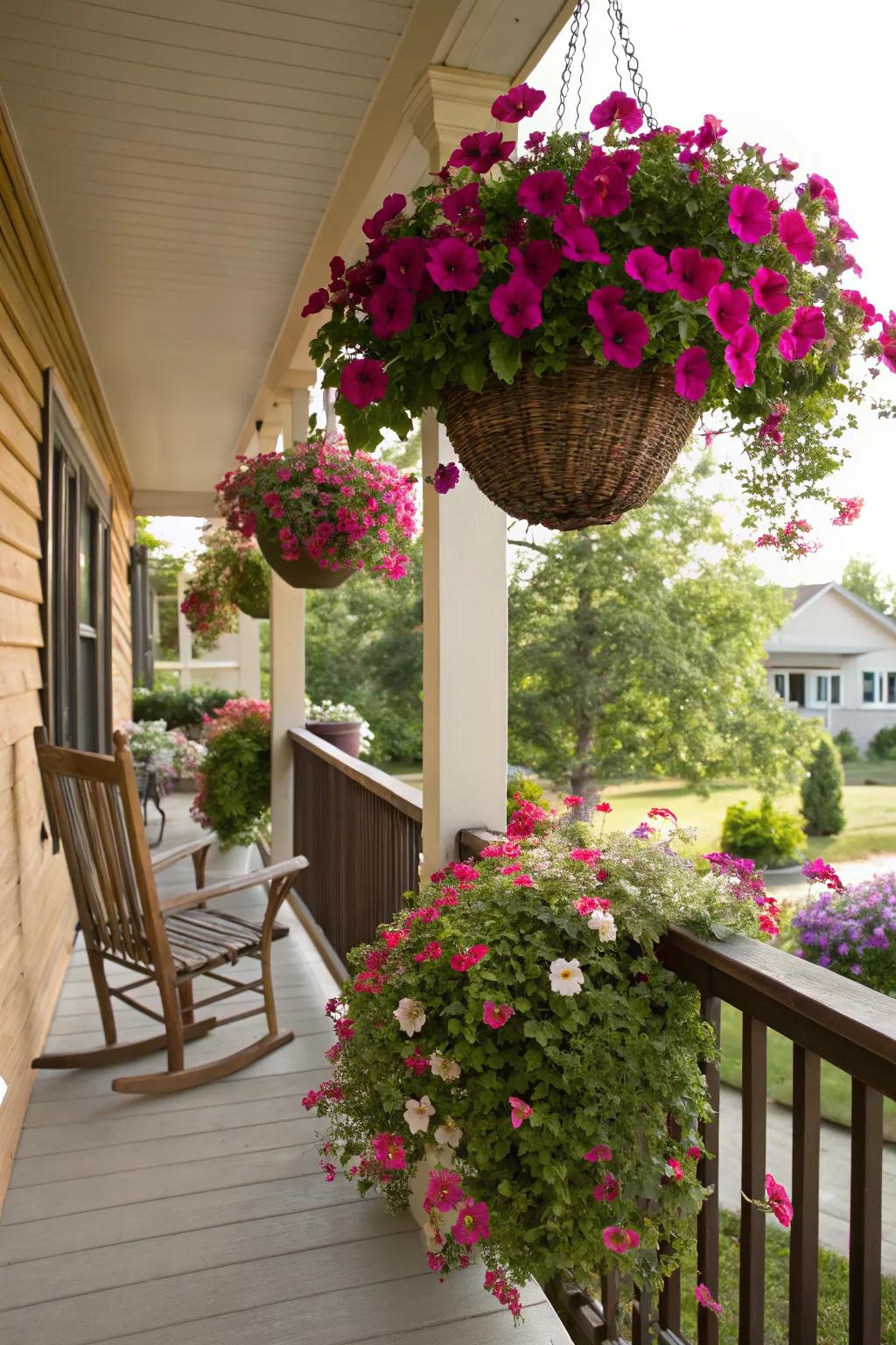 Elevate your porch decor with stunning vertical flower displays.