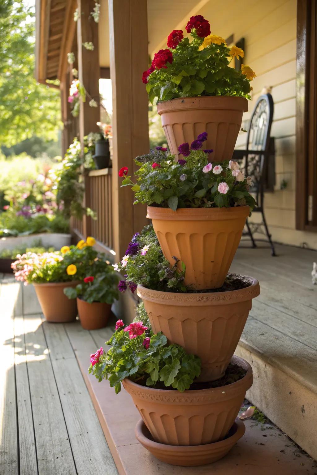 A tiered arrangement of terracotta pots adds a classic touch to the porch.