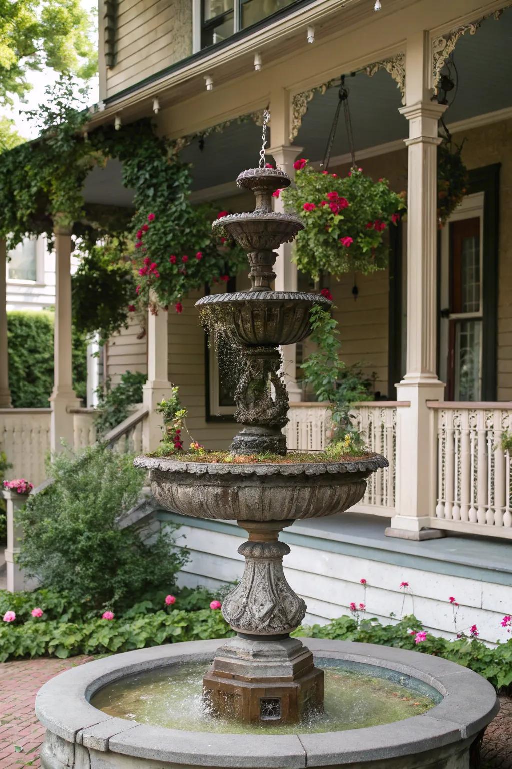 A vintage tiered fountain brings classic charm to your outdoor space.