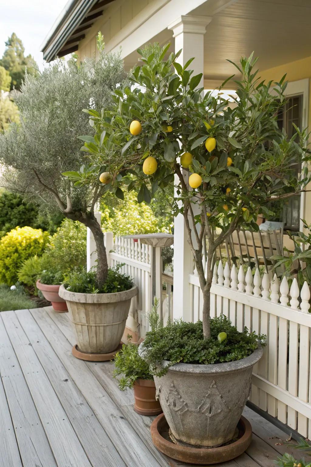 Add height and elegance with potted trees.