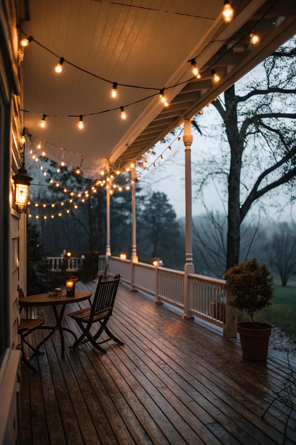 Warm string lights draped around the porch for a magical evening glow.