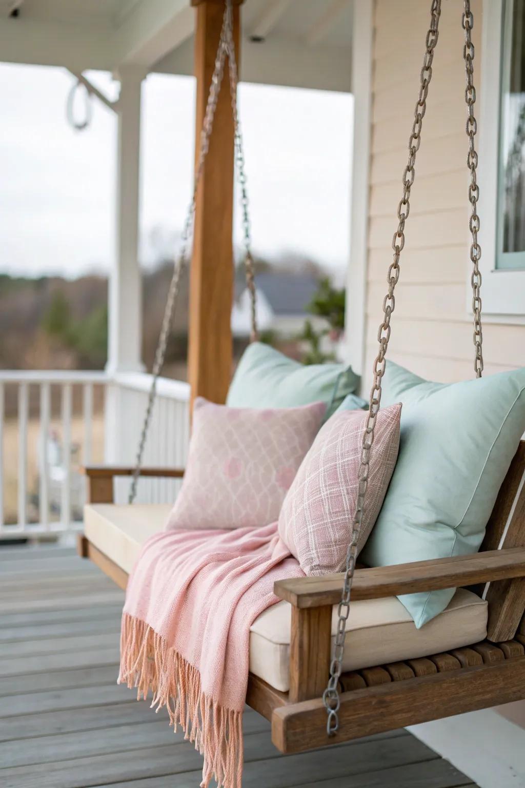 A porch swing offers a charming and relaxing seating option.