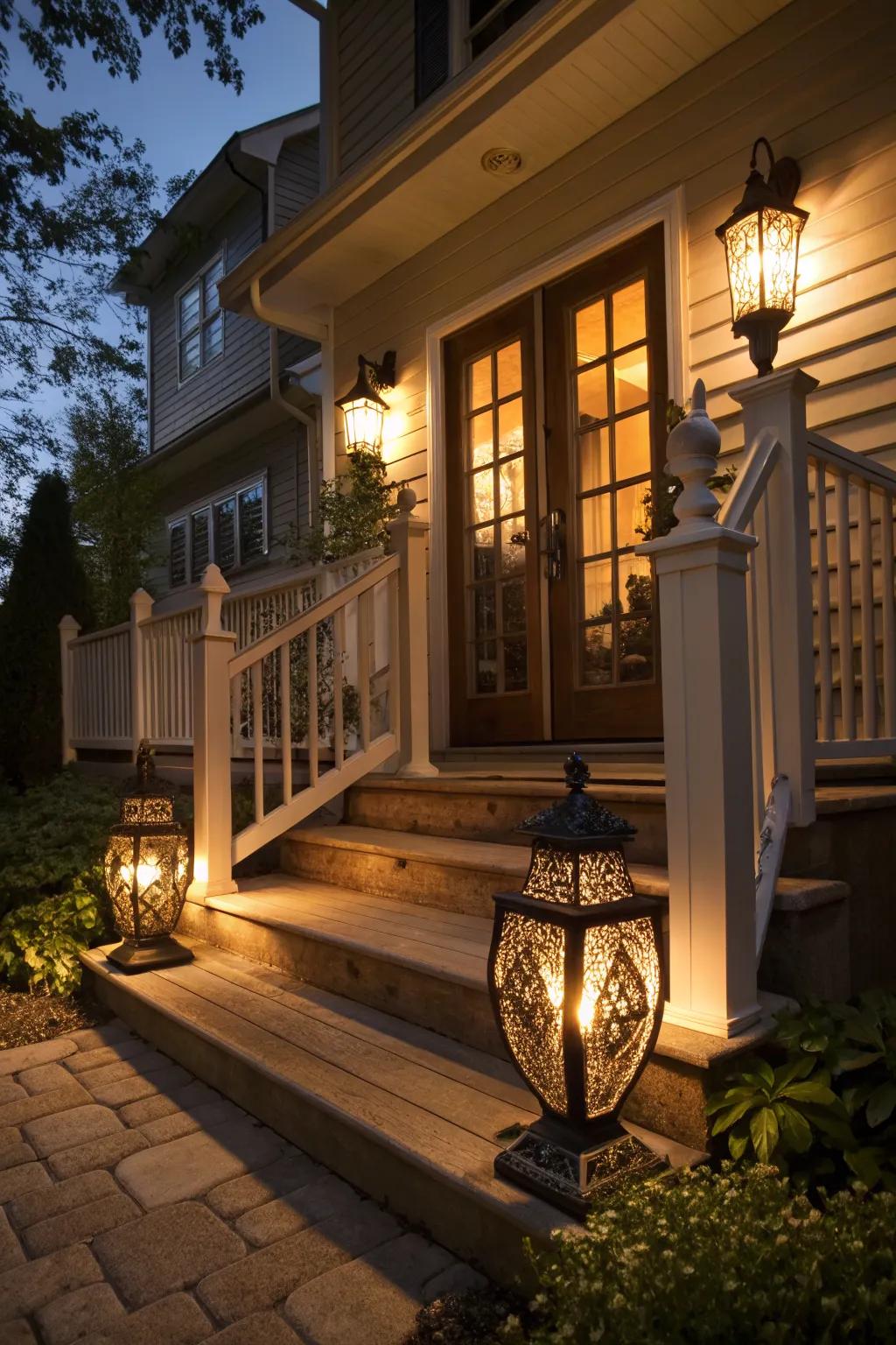 Stylish lighting enhances the warmth of your porch stoop.