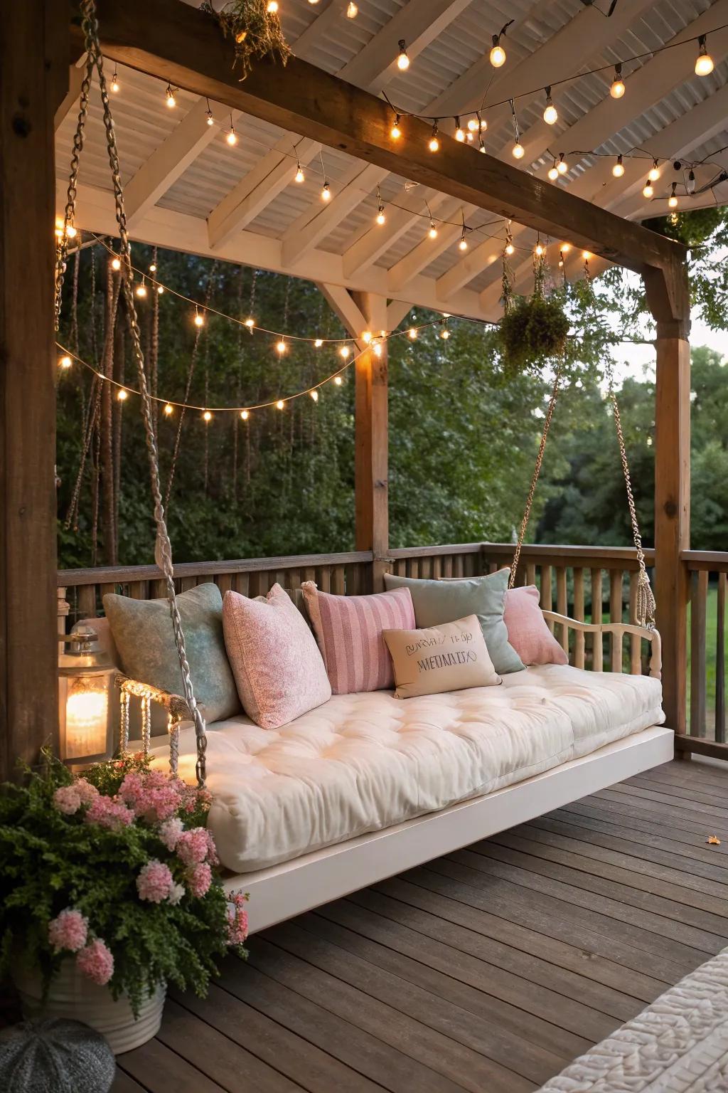 A suspended daybed offers a luxurious escape right at home.