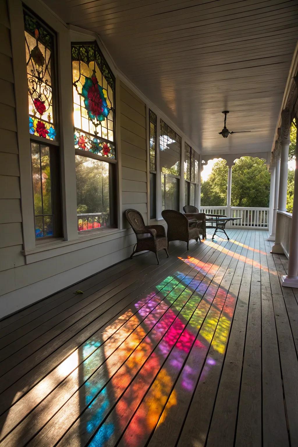 Stained glass panels casting colorful light patterns.