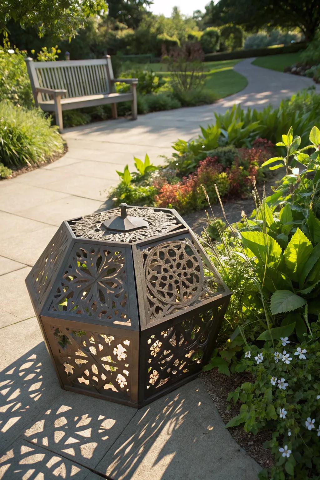 Geometric fire pits create stunning visual effects with their shadows.