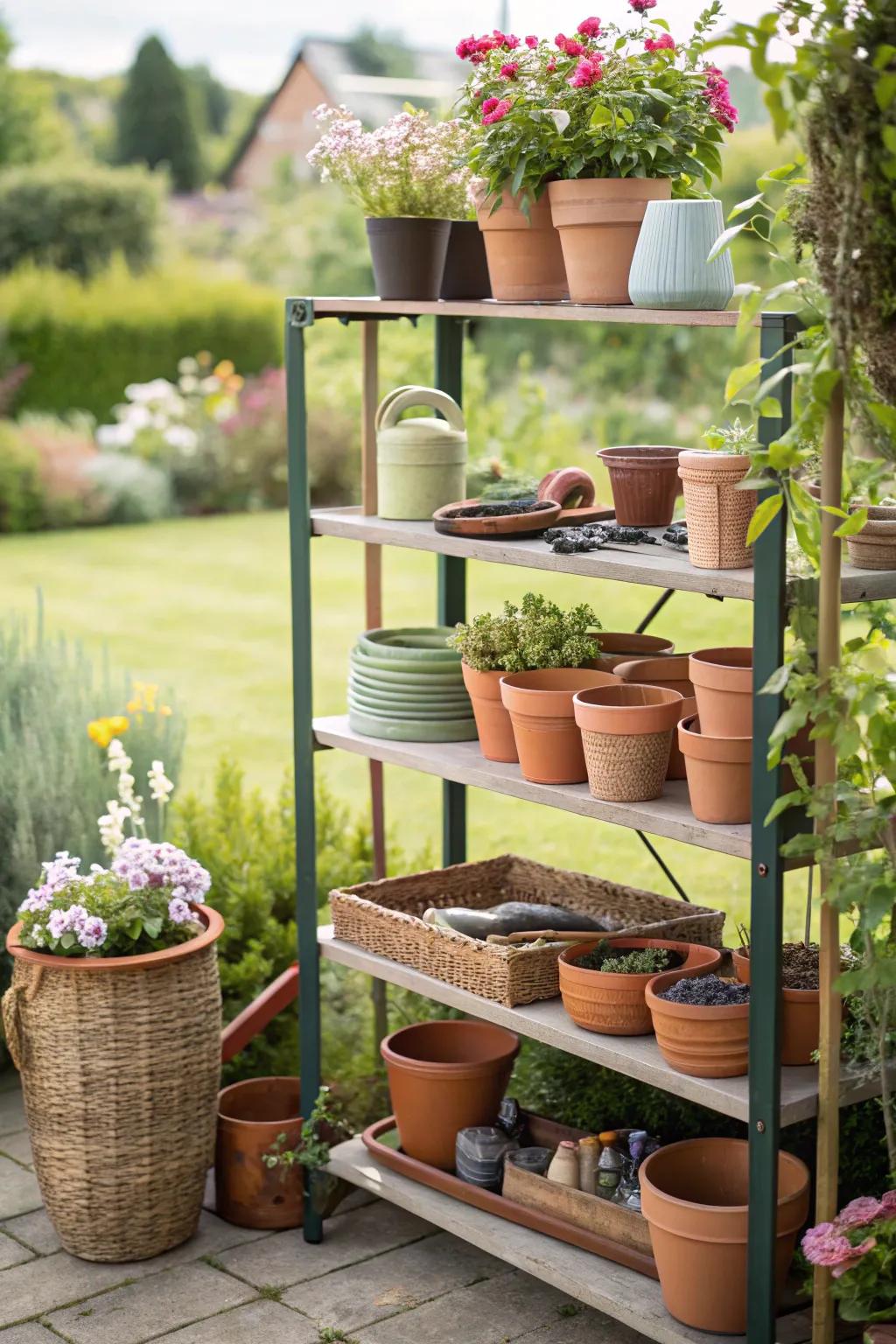 Durable shelving keeps gardening essentials neatly organized.