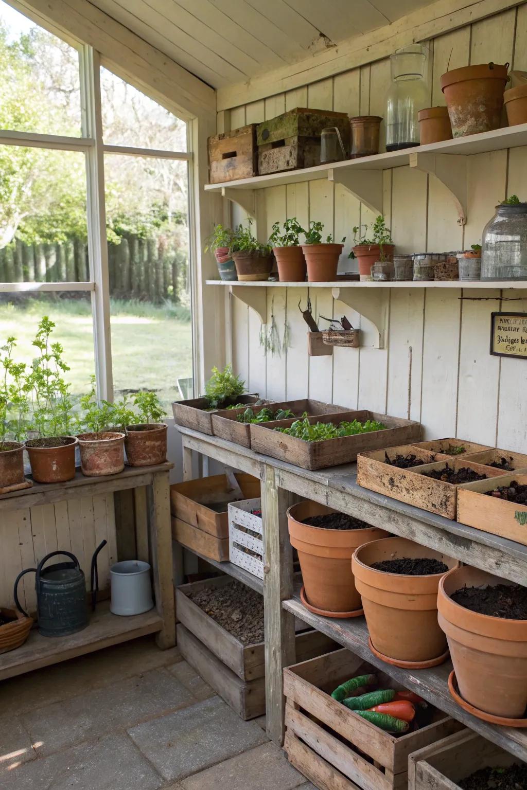 Organized potting shed with vintage crate storage.
