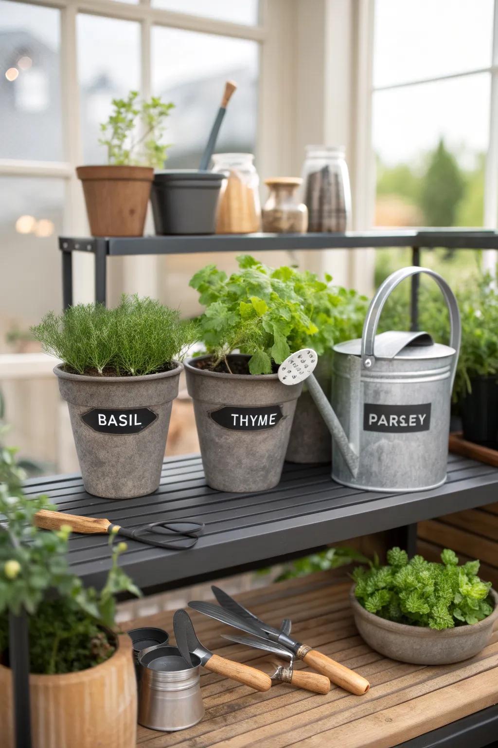 A potting station featuring a charming herb garden with labeled pots.