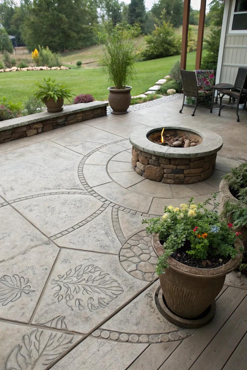 Stamped patterns add character to a concrete patio with a fire pit.