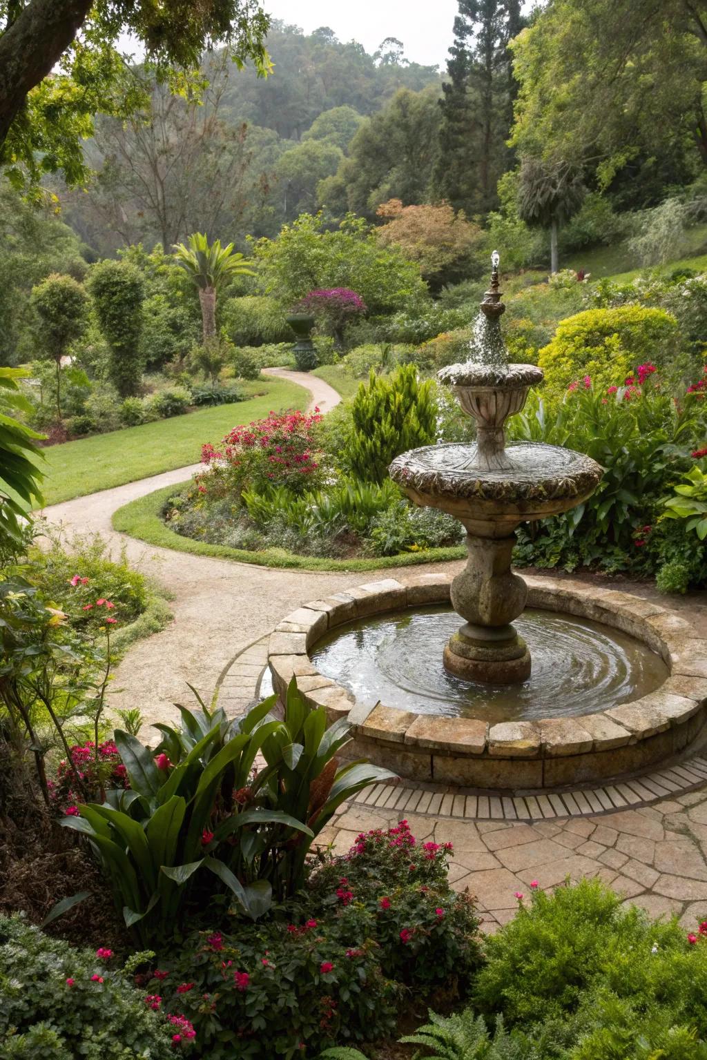 A small fountain nestled within lush greenery, adding tranquility to the garden.