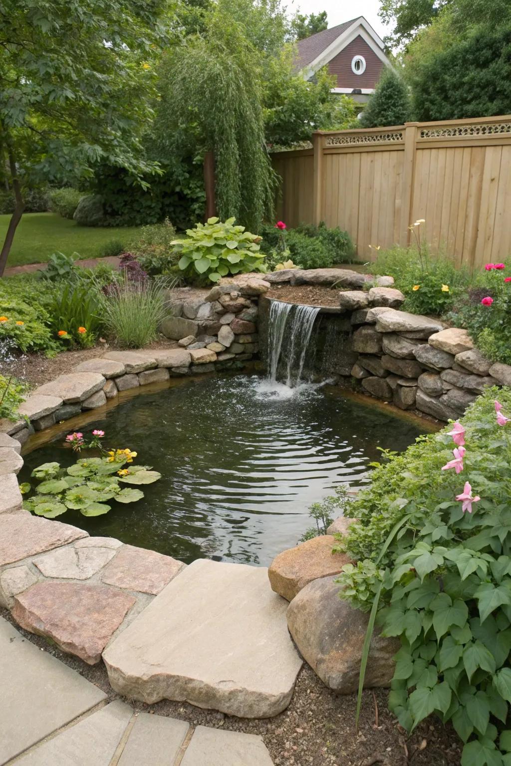 A preformed pond enhanced with a charming waterfall feature.