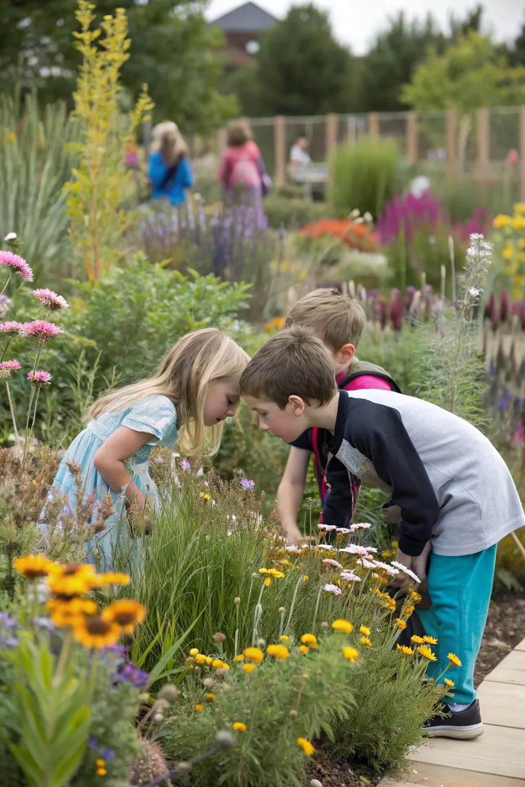 Preschoolers exploring a sensory garden filled with diverse textures and scents.
