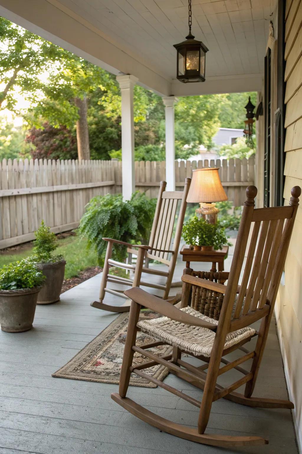 Wooden rocking chairs add a classic touch to this porch.