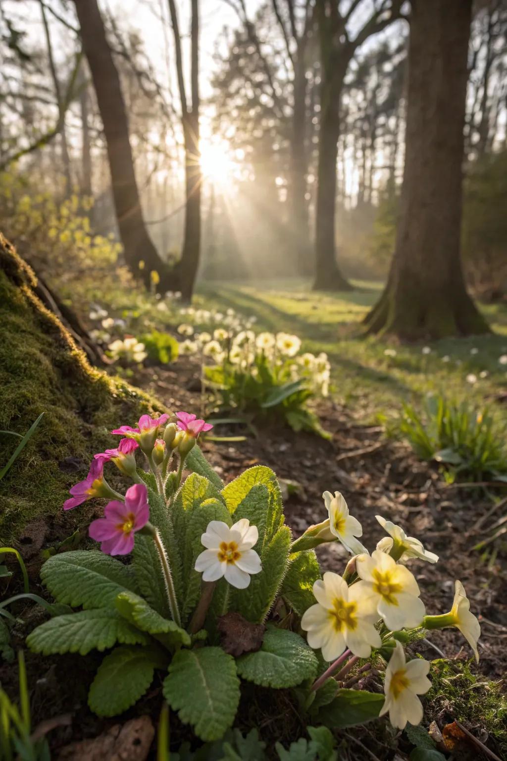 Primroses nestled in a woodland garden create a serene escape.