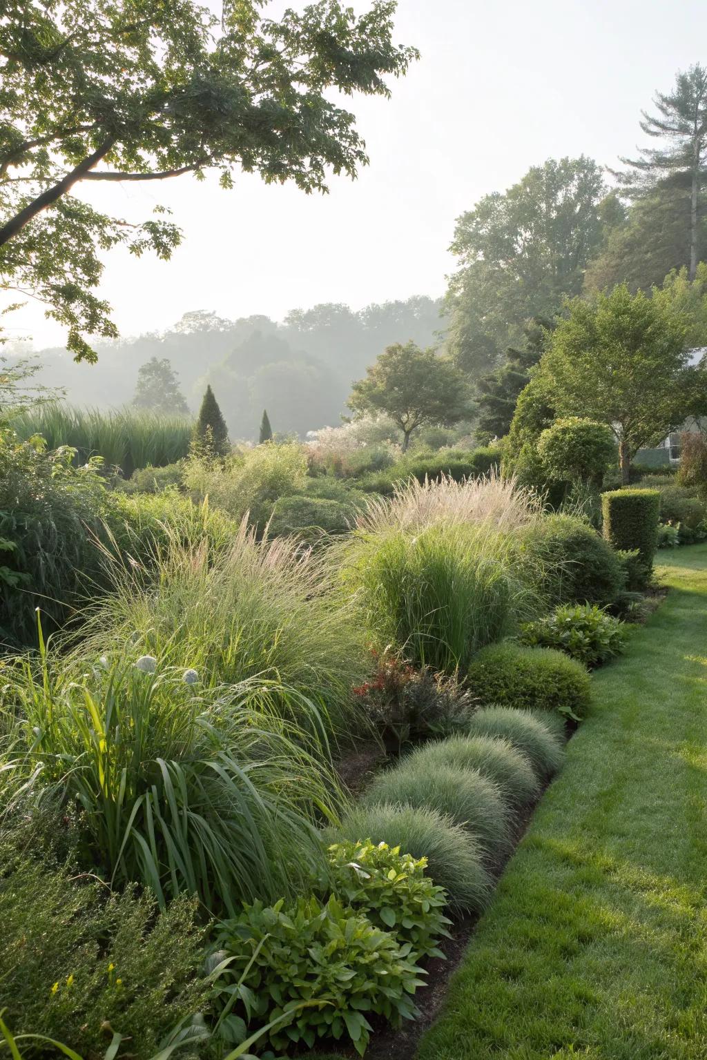 Layered planting creates a rich tapestry of greenery.