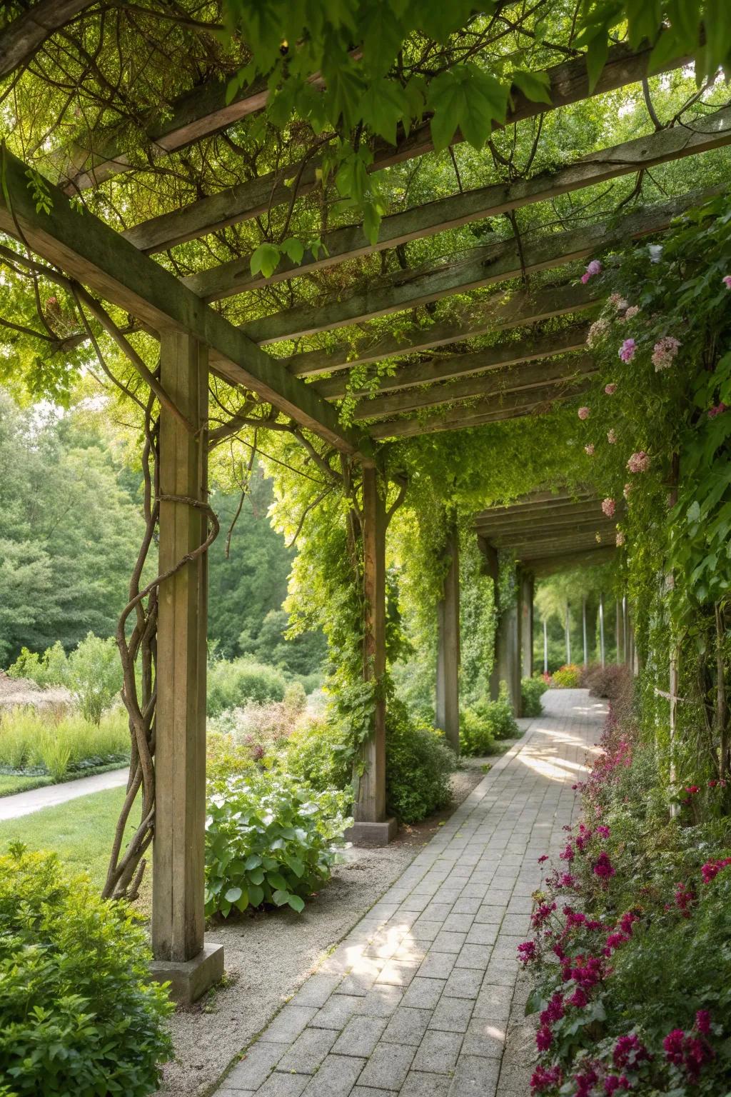 A pergola draped with vines offers a private and inviting outdoor space.