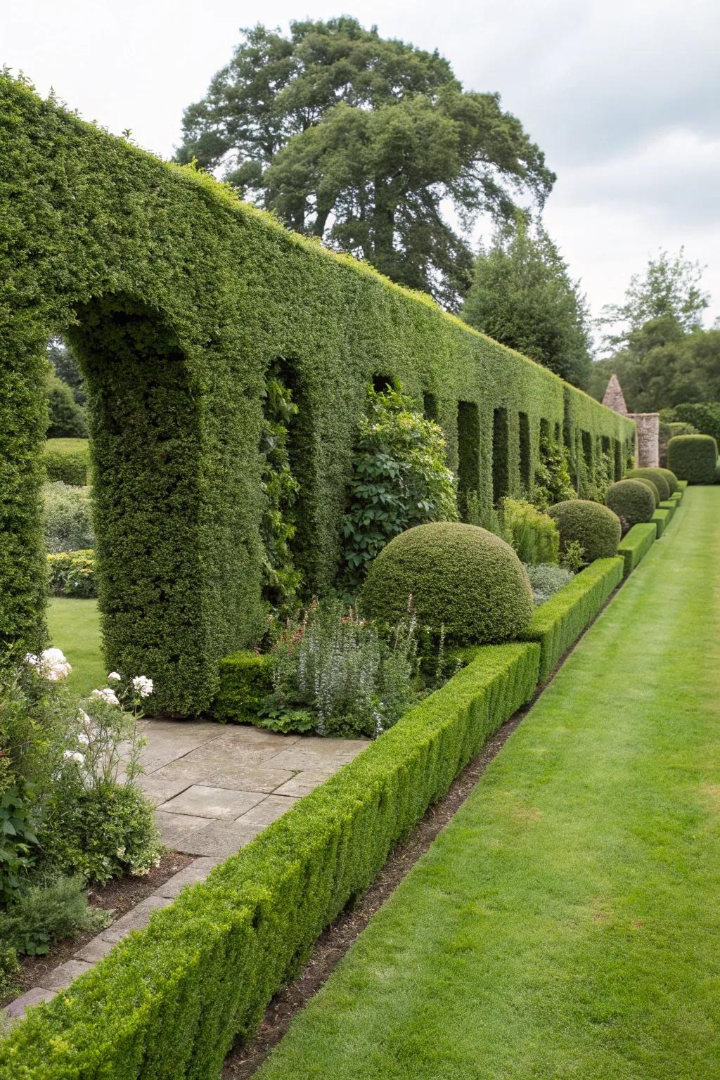 Boxwood hedges providing a formal layered privacy barrier.