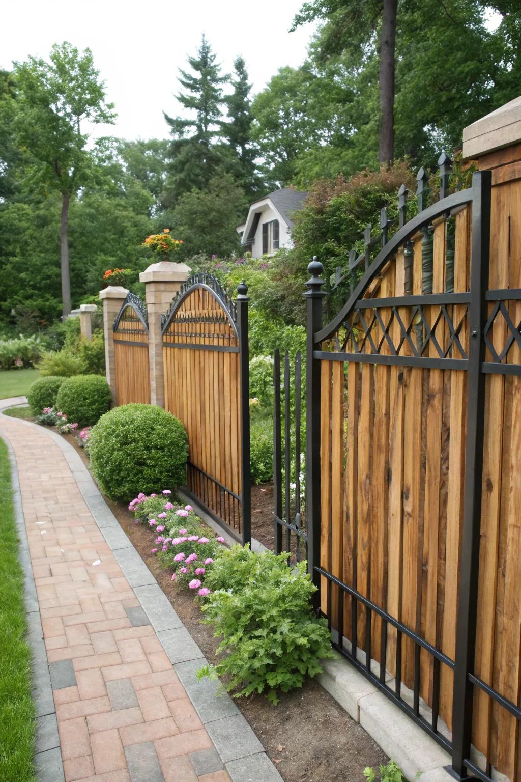 A wrought iron fence with wooden slats for a warm, textured look.