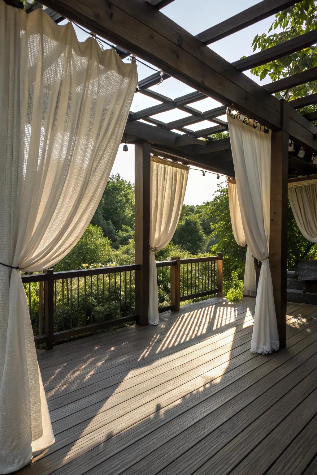 Pergolas with drapes offer shade and elegance.