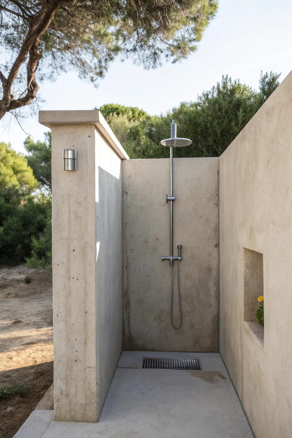 Modern minimalism with concrete and stainless steel for a clean, chic shower design.