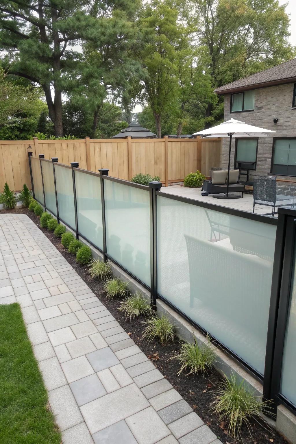 Frosted glass panels adding modern privacy to an outdoor space.
