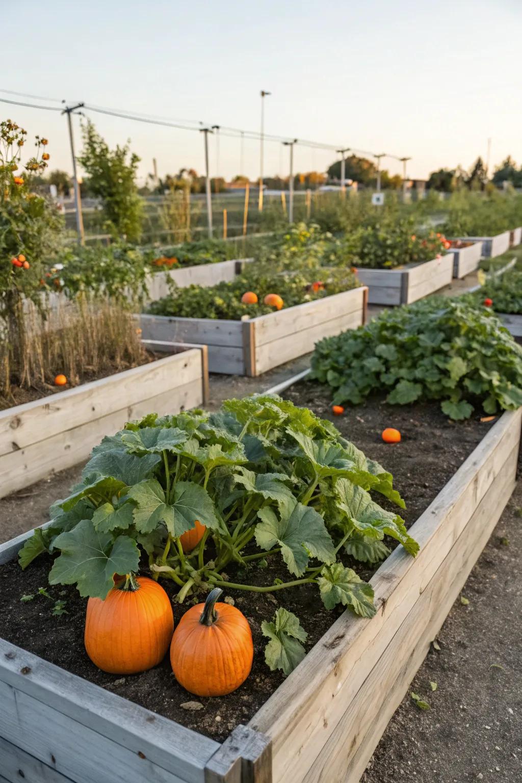 Pumpkins thriving in beautifully arranged raised garden beds.