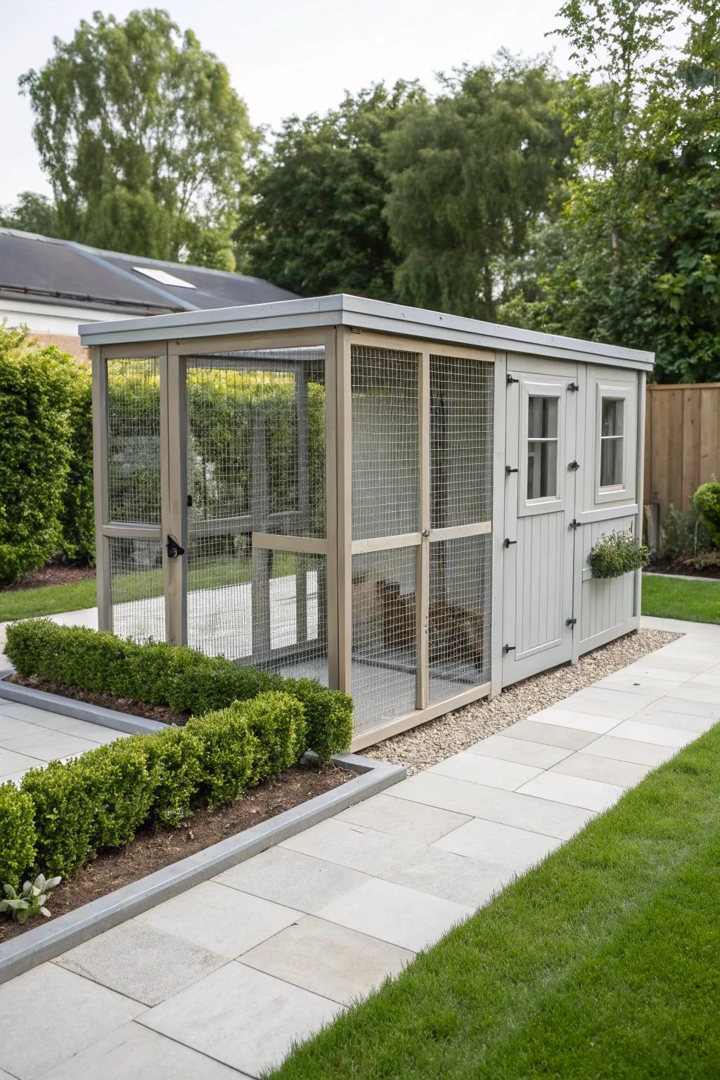 A sleek modern quail coop that fits a contemporary backyard aesthetic.