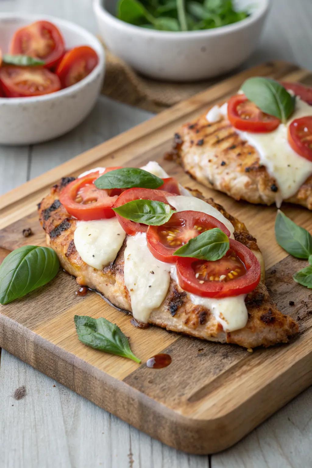 Grilled chicken Caprese style, fresh and delicious.