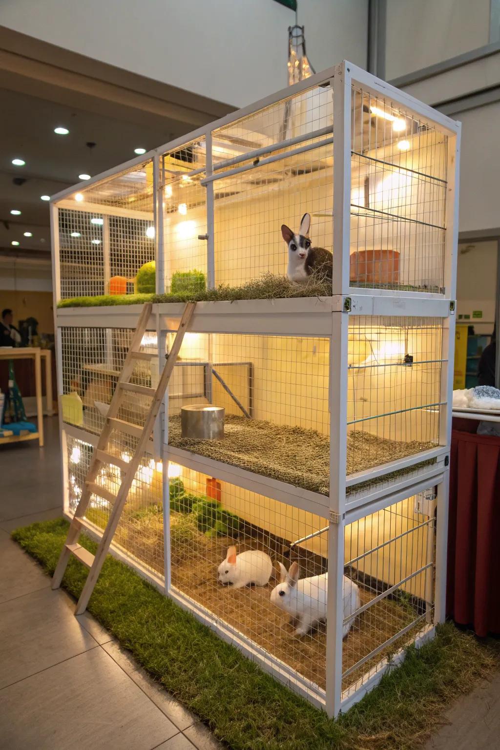 A multi-level rabbit cage providing ample space for exploration.