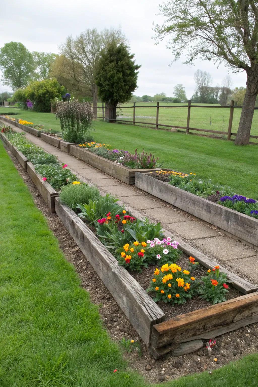 Clear and stylish garden borders using railroad ties.