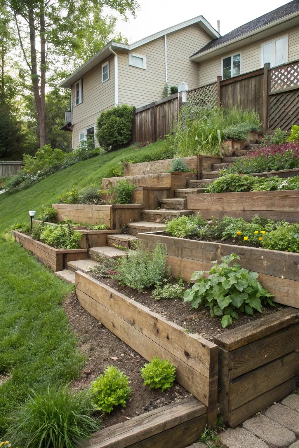 Tame your garden slopes with beautiful railroad tie terraces.