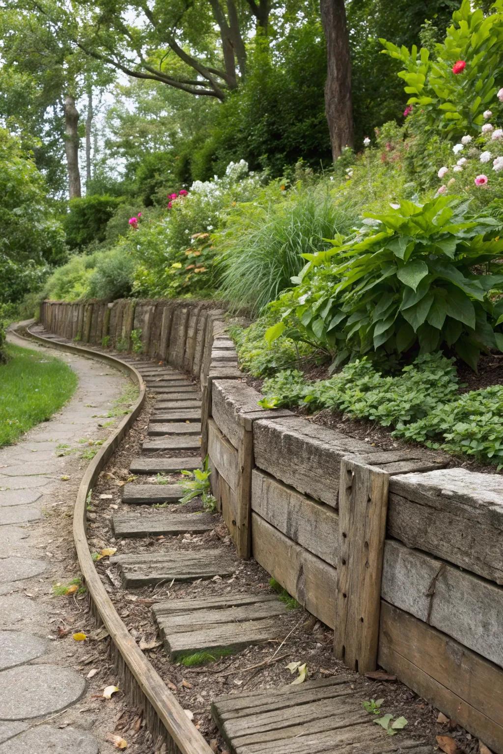 A gracefully curved railroad tie retaining wall adding elegance to the garden landscape.