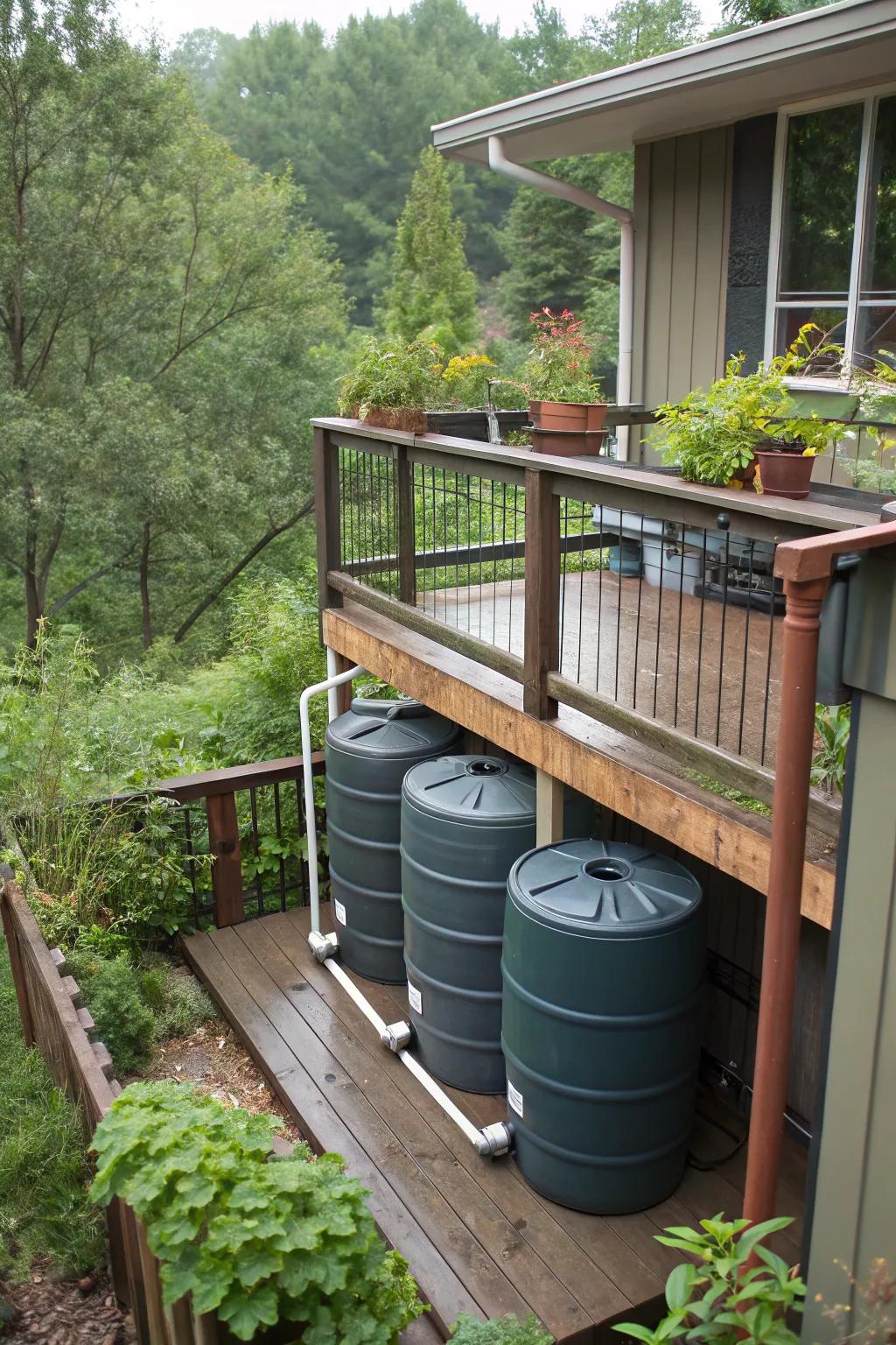 An elevated deck platform designed to hold multiple rain barrels