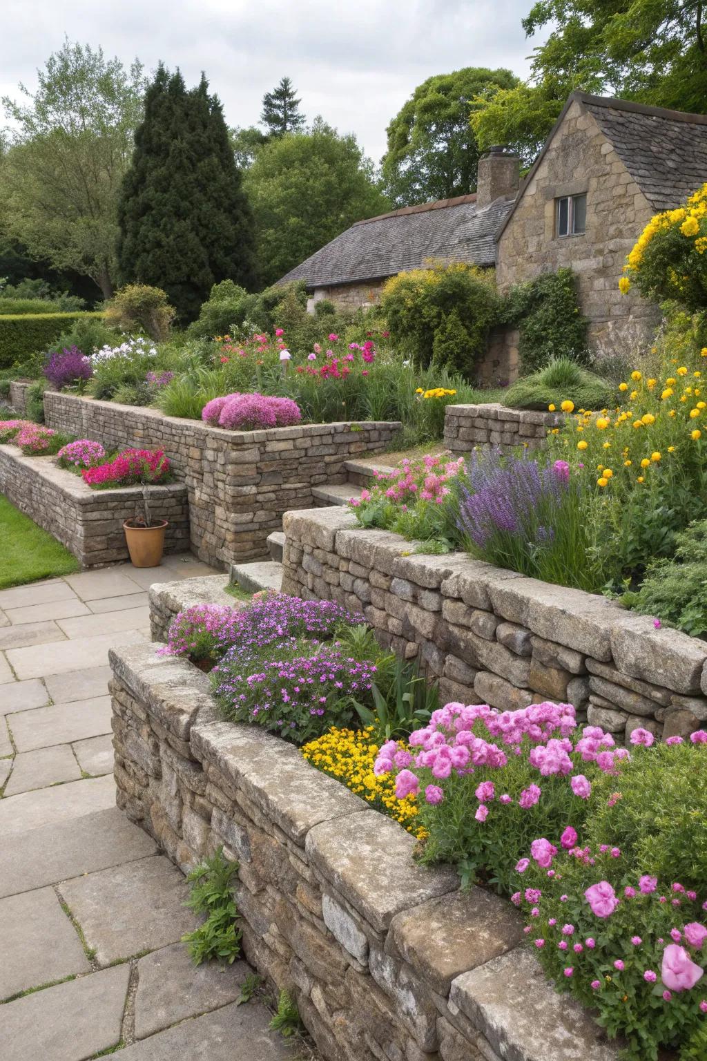 Stone walls provide a timeless and natural aesthetic to garden borders.