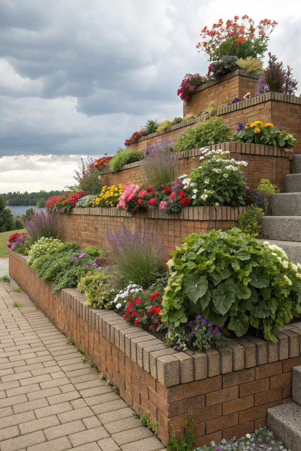 Tiered planters offering layers of lush greenery.