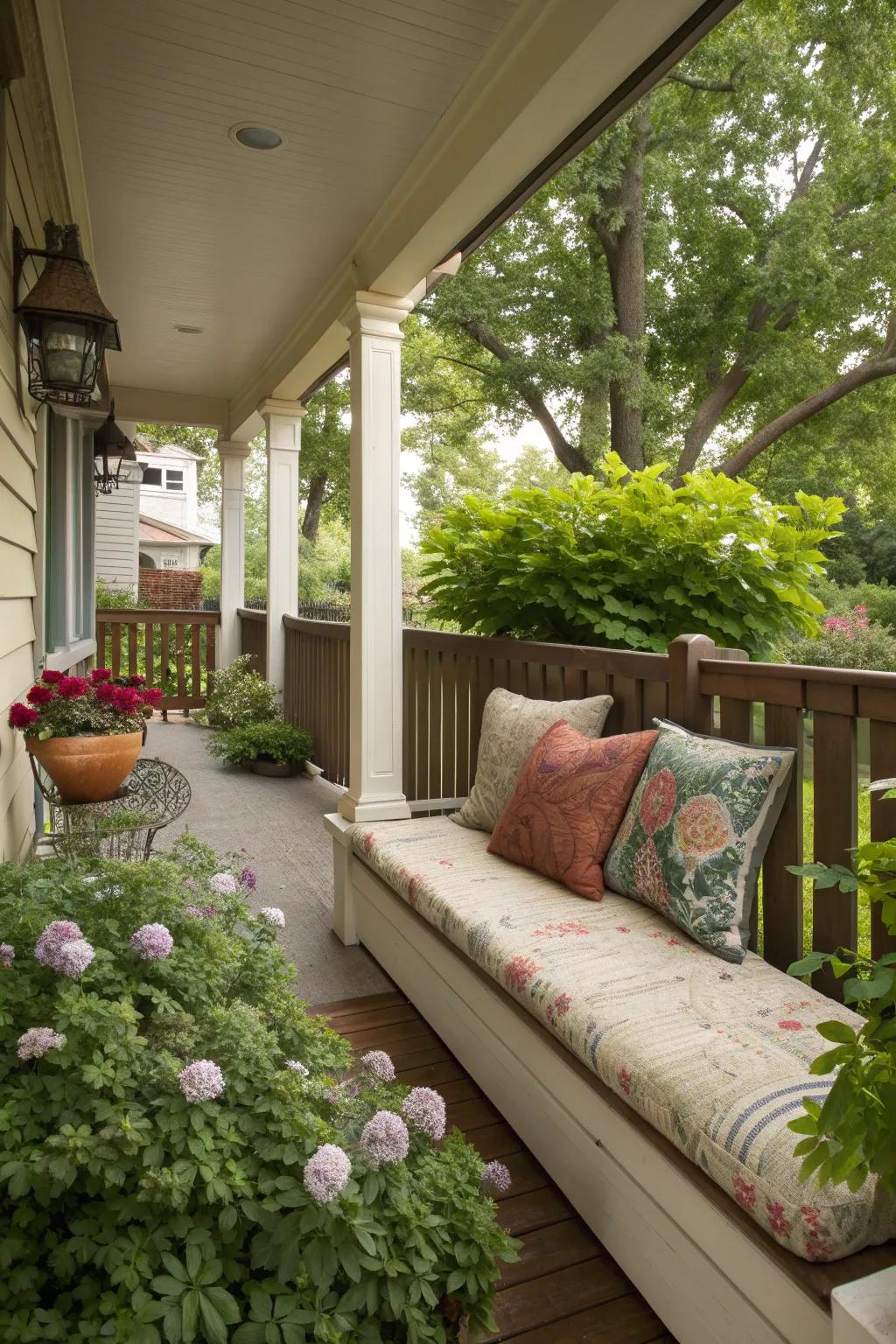 A raised porch with a comfortable bench and decorative cushions for relaxation.