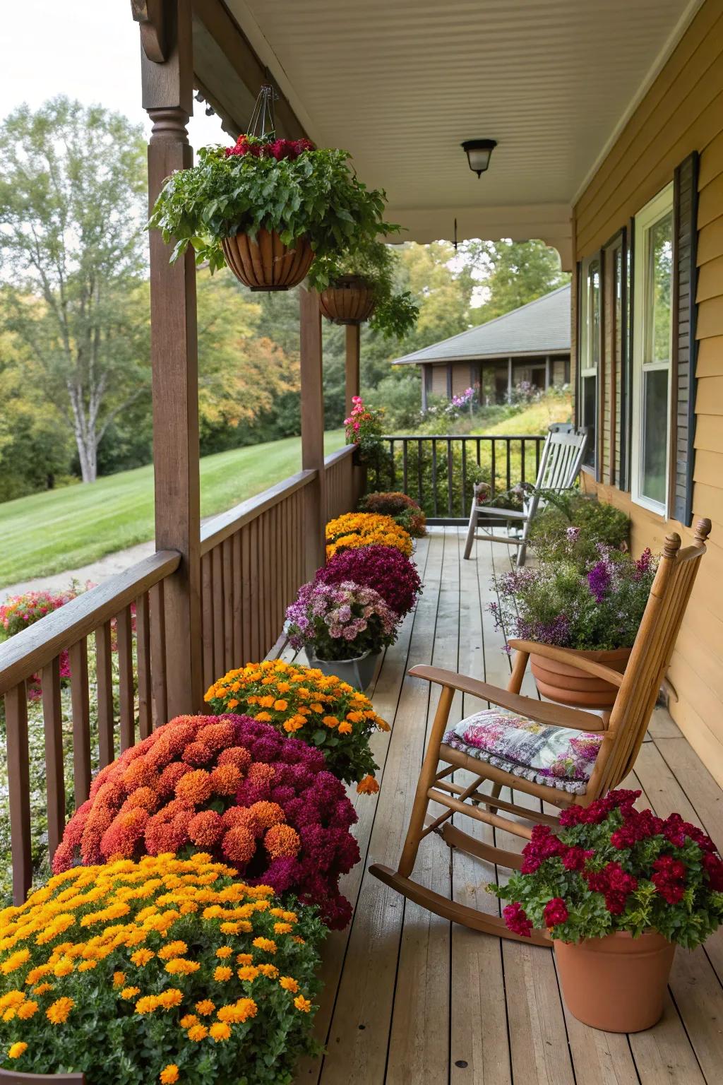 A colorful display of seasonal flowers on a raised front porch.
