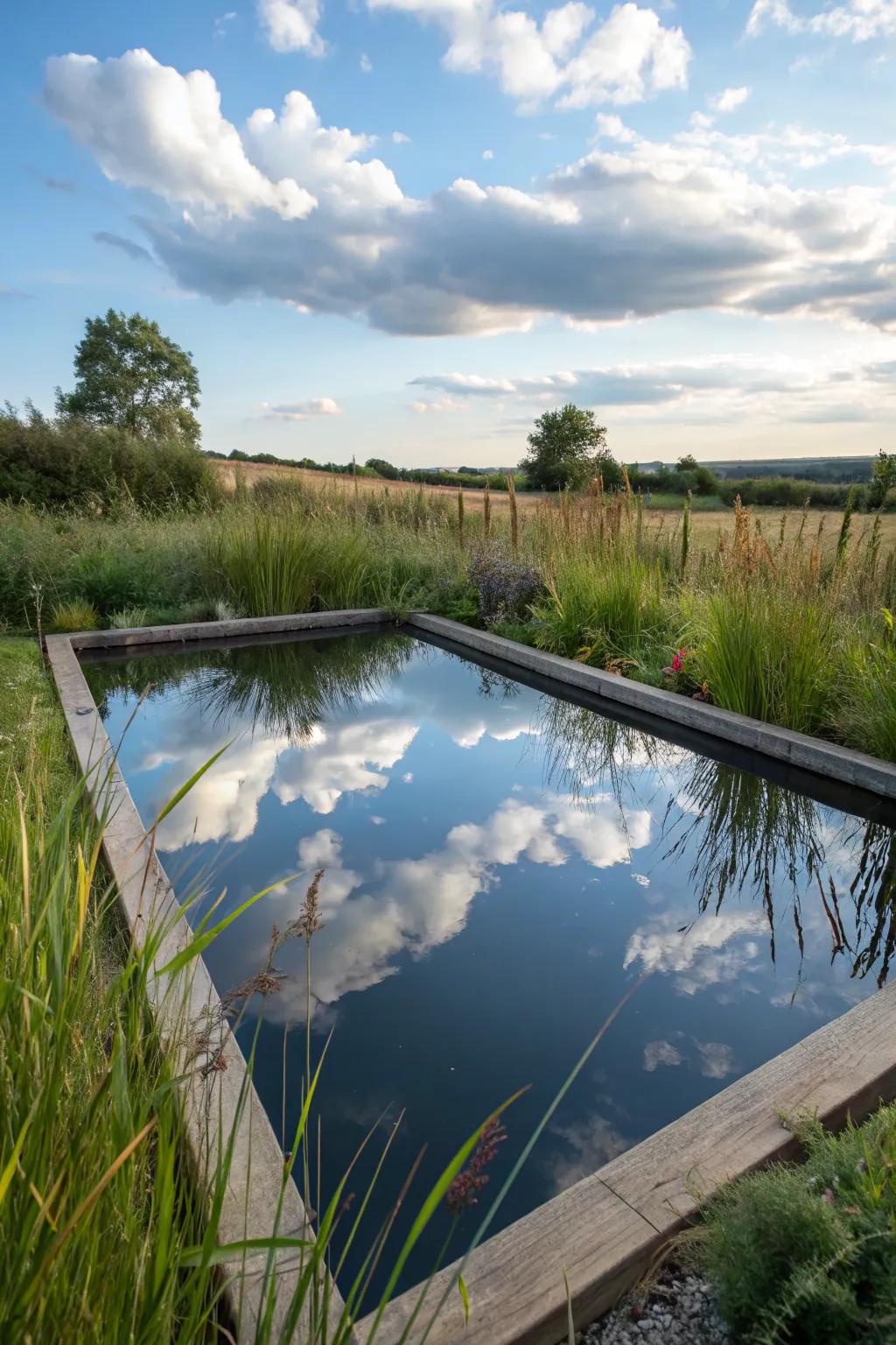 A still pond with a reflective surface offers a serene atmosphere.