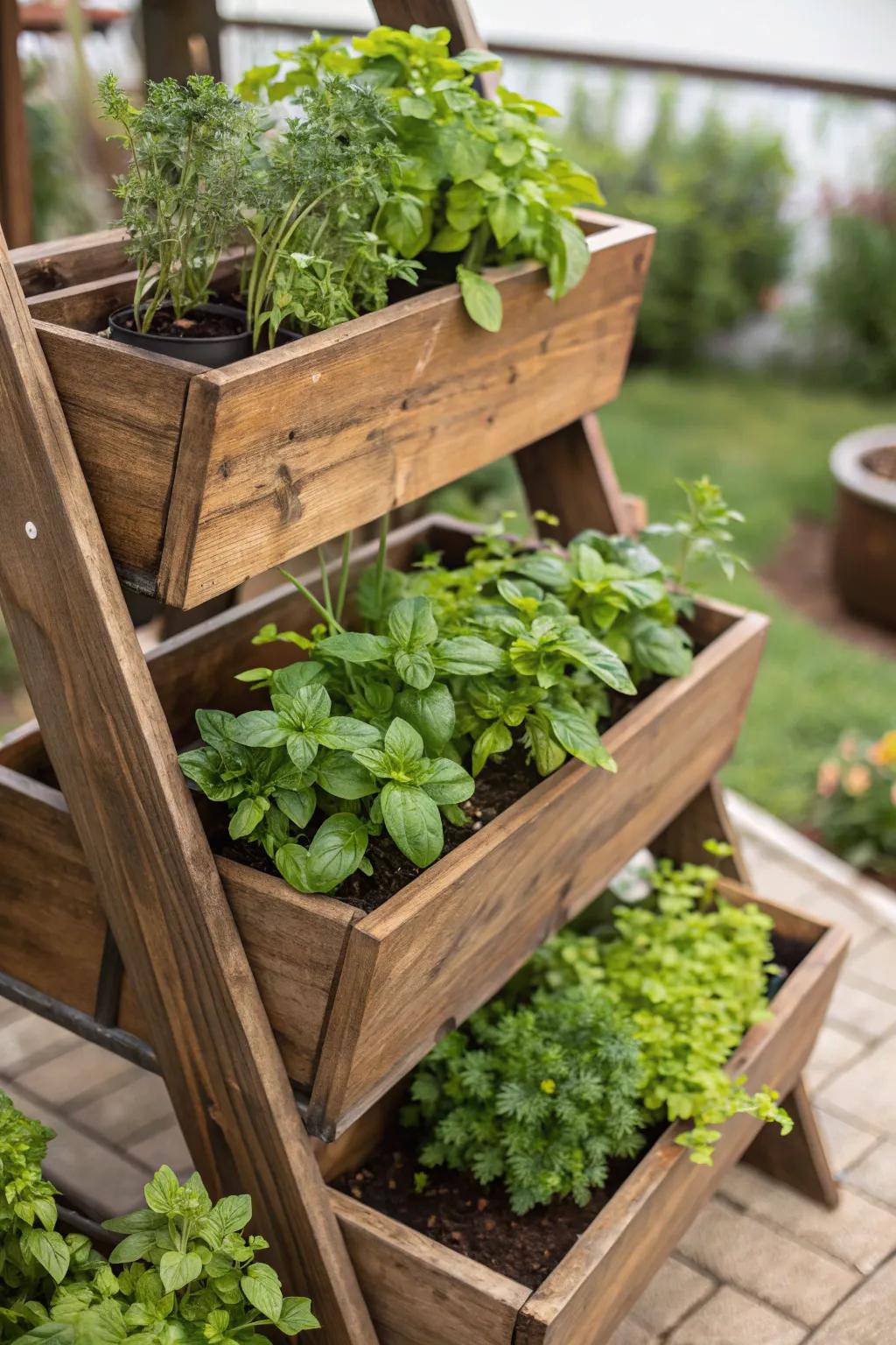 Tiered planters offering a dynamic herb garden display.