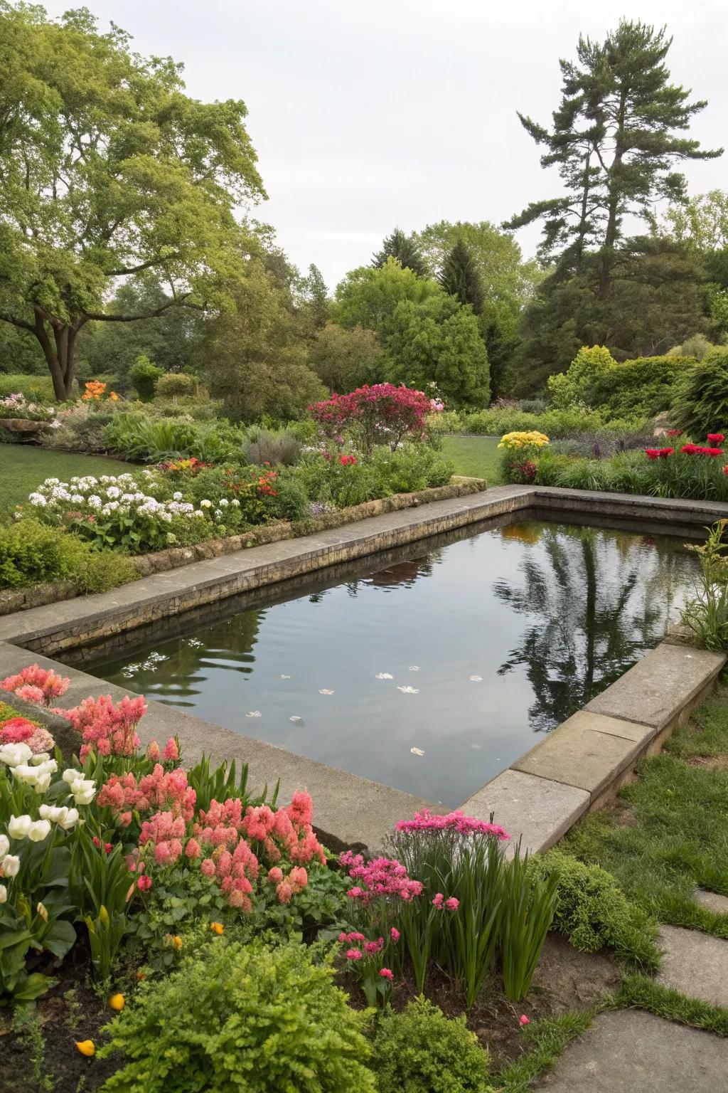 Greenery around the pond adds life and supports local wildlife.