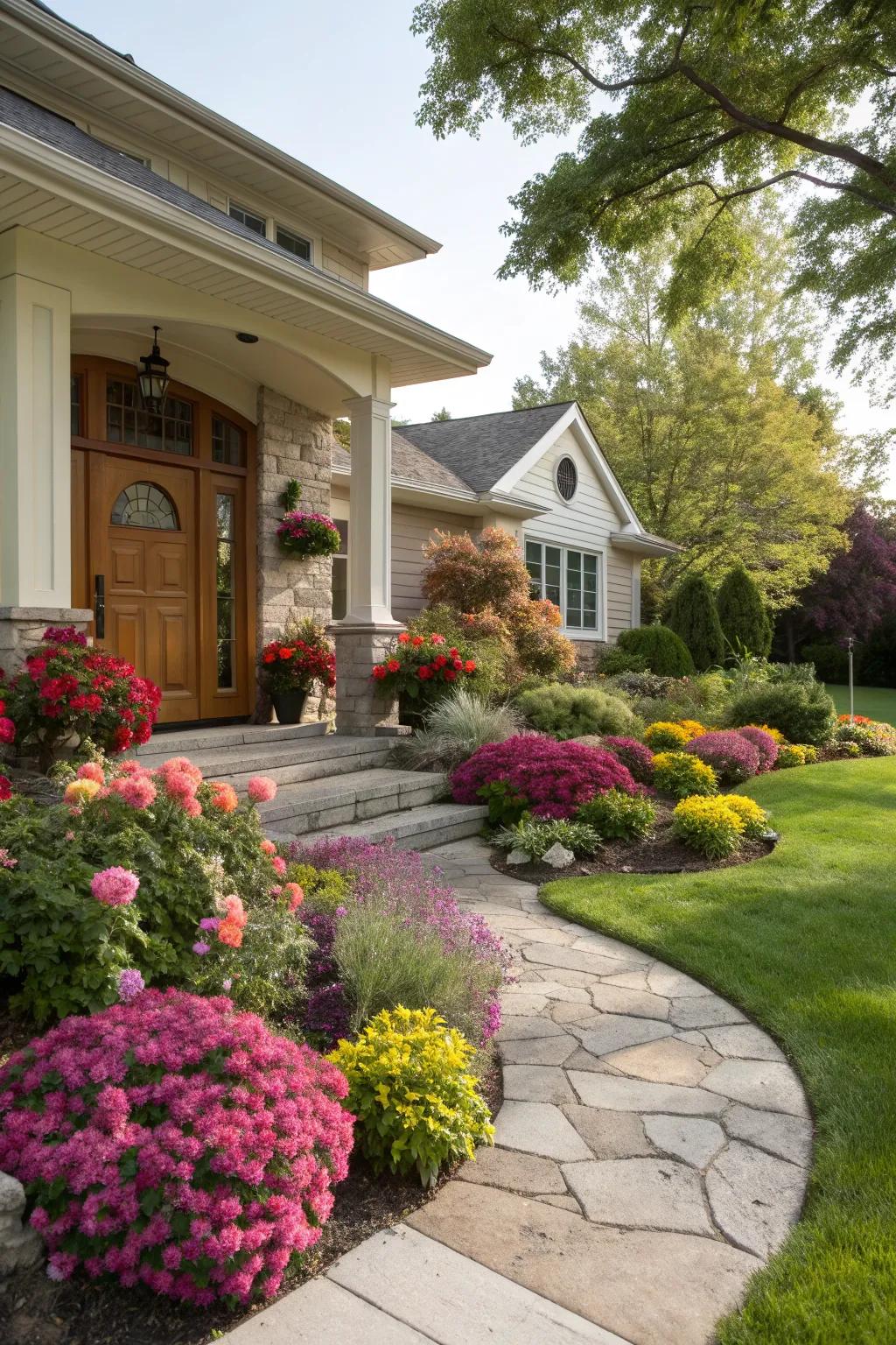 Vibrant landscaping at a raised ranch entrance with colorful flowers and lush shrubs.